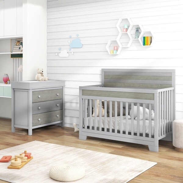 3 Pieces Nursery Sets Baby Crib and Changer Dreeser with Removable Changing Tray - - 37797197