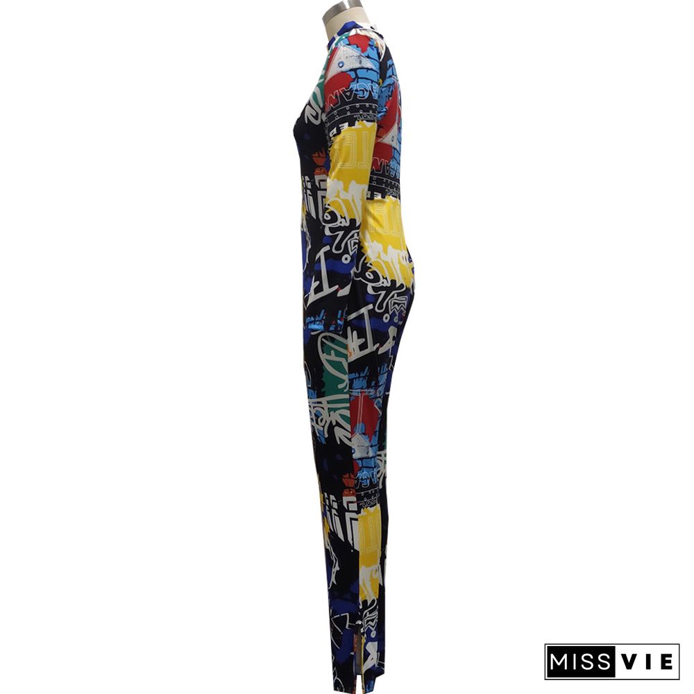 Women Autumn Clothing Digital Print Long Sleeve Front Zipper Bodycon Fitness One Piece Jumpsuit