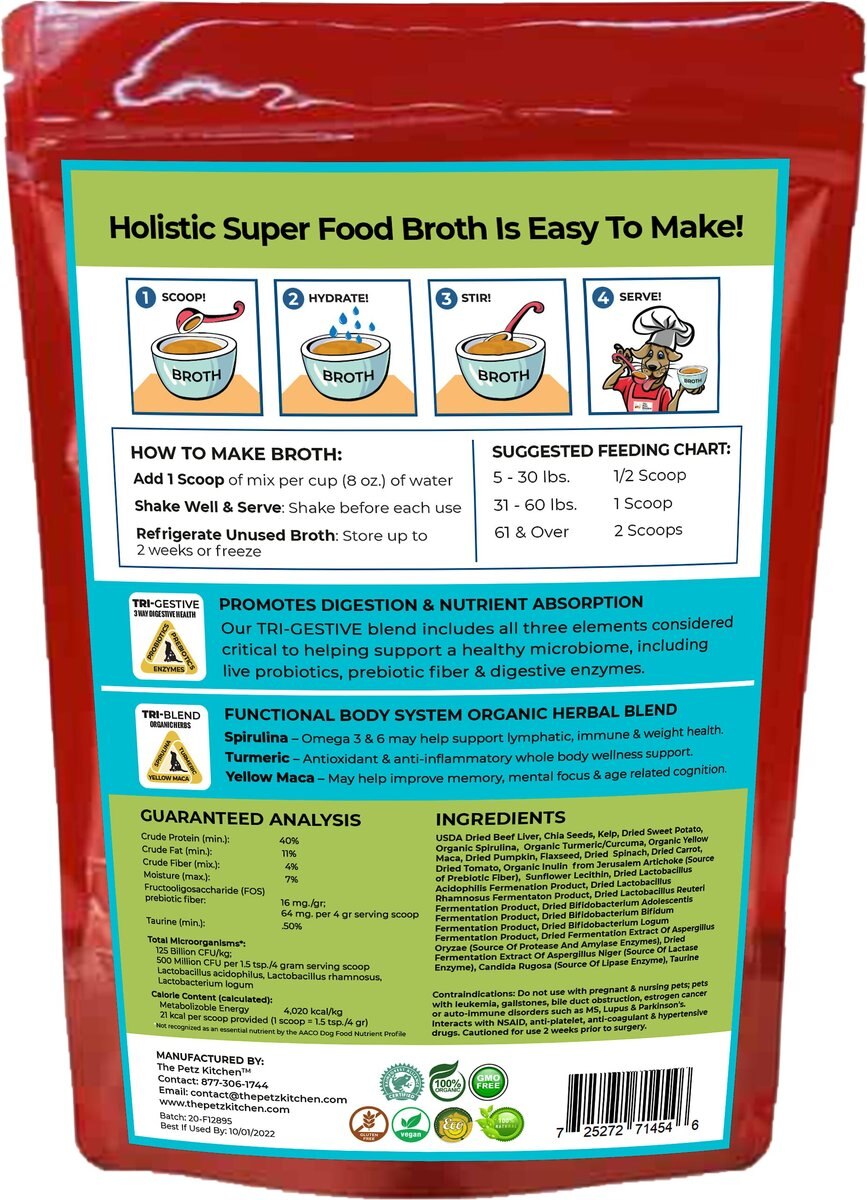 The Petz Kitchen Holistic Super Food Broth One and Done Daily Greens Support Beef Flavor Concentrate Powder Dog and Cat Supplement， 4.5-oz bag