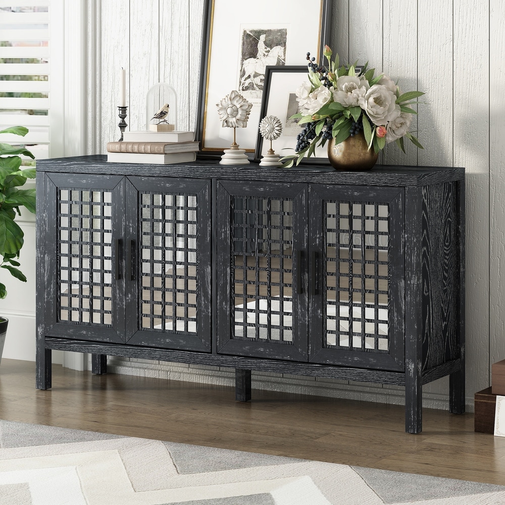 Retro Mirrored Sideboard with Closed Grain Pattern for Dining Room