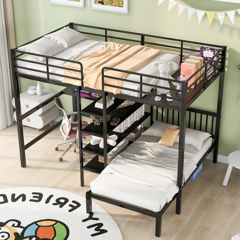 Full Over Twin Metal Bunk Bed  L Shaped Loft Bed Frame with Built in Desk  Shelves  Ladder  Storage Shelves  Black