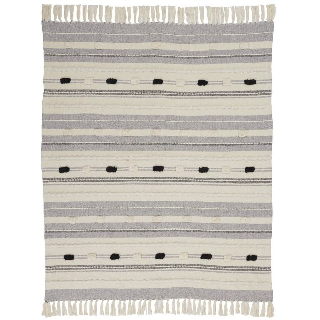 Ribbed With Pom pom Throw Blanket Black ivory Mina Victory