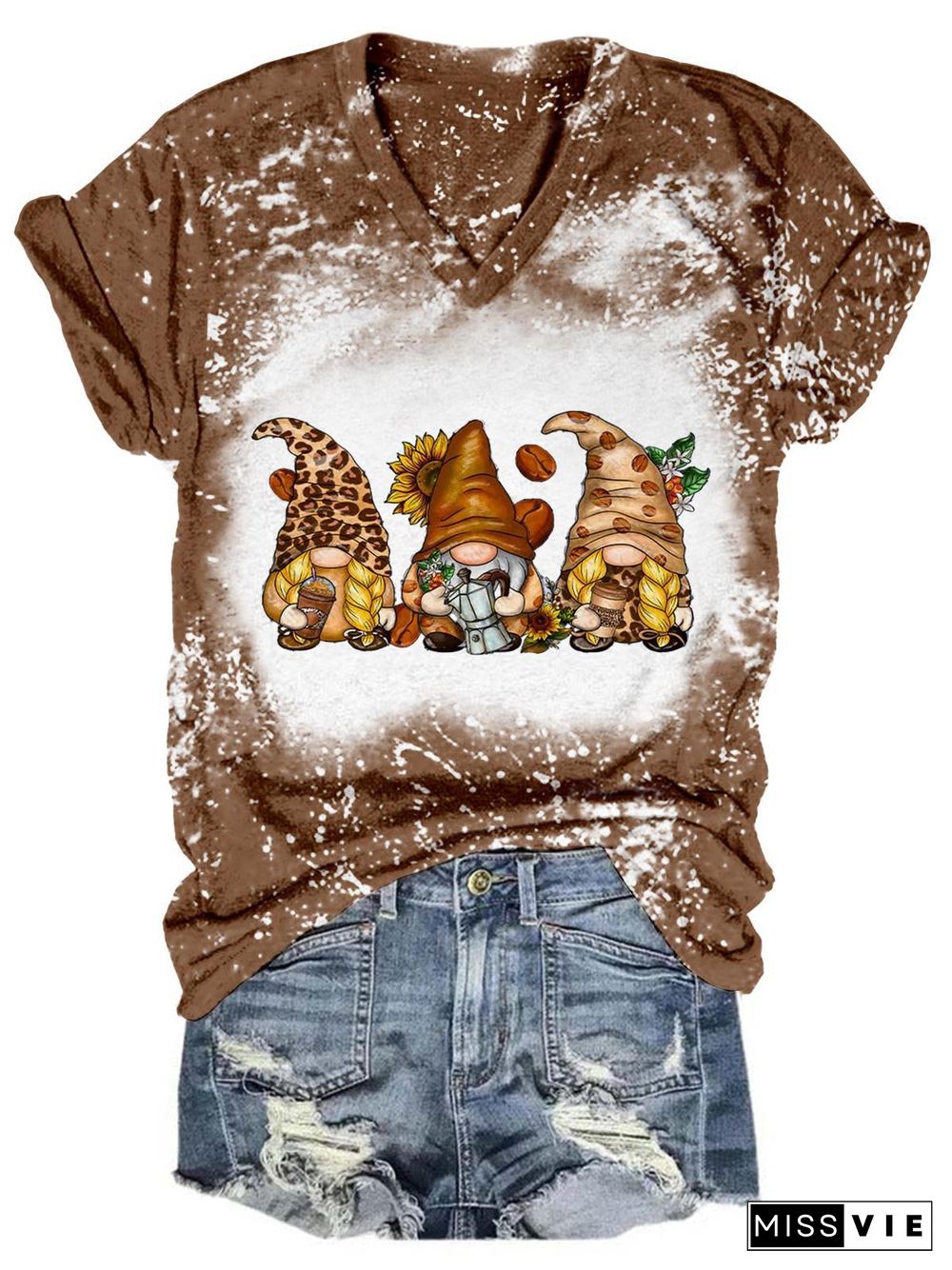 Sunflower Coffee Gnomes Tie Dye V Neck T-Shirt