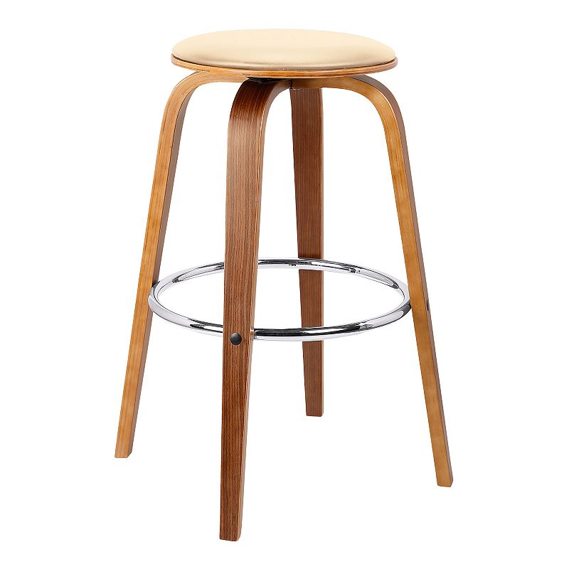 Round Leatherette Wooden Counter Stool with Flared Legs， Brown and Cream