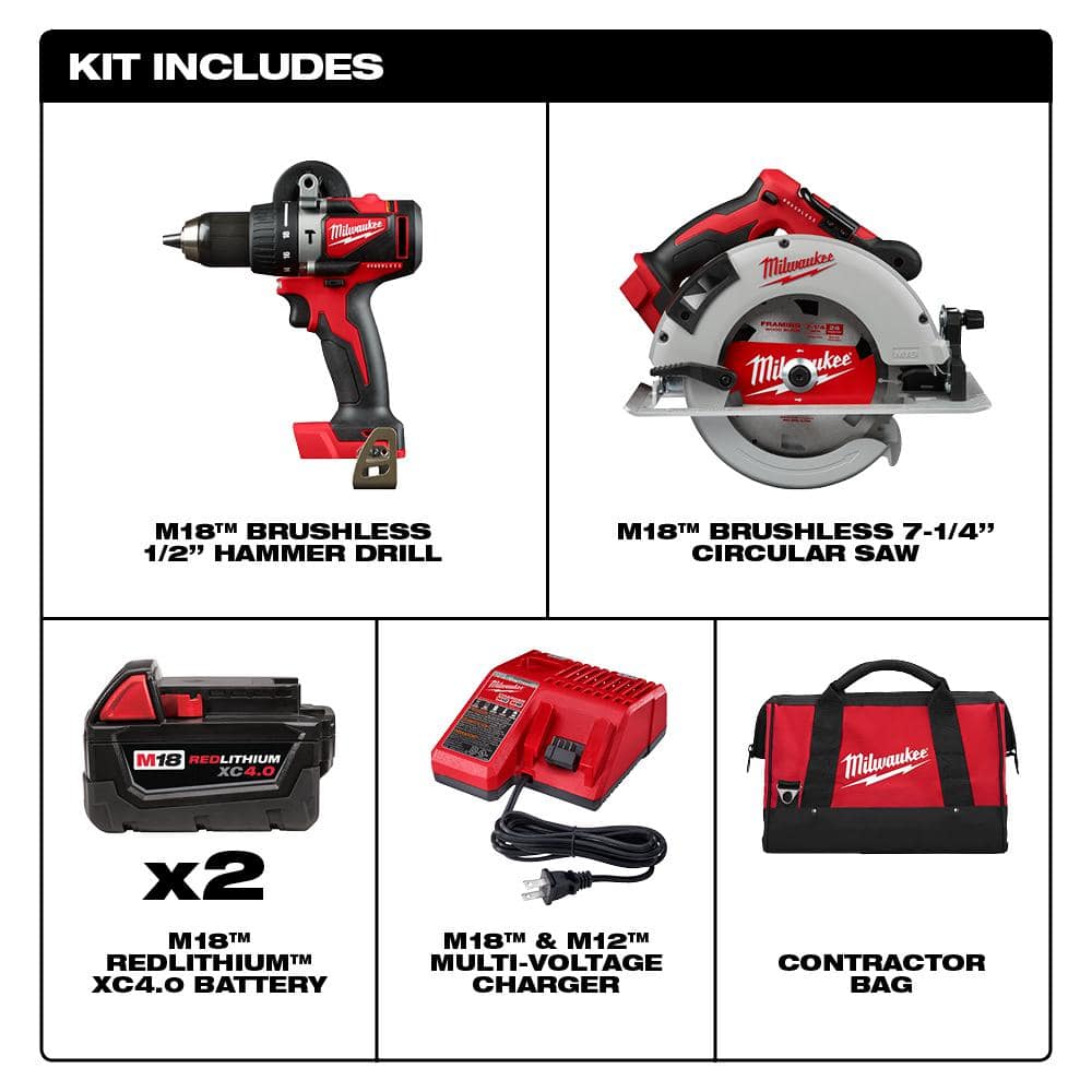 Milwaukee M18 18V Lithium-Ion Brushless Cordless Hammer Drill and Circular Saw Combo Kit (2-Tool) with Two 4.0 Ah Batteries 2992-22