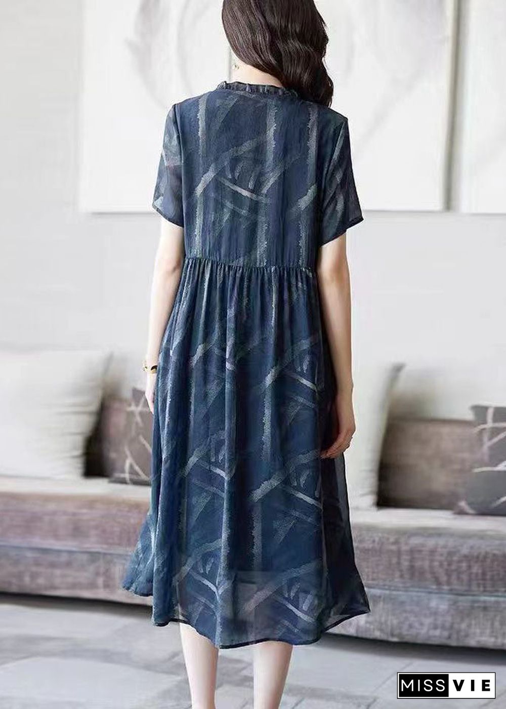 Art Blue V Neck Ruffled Print Patchwork Chiffon Dresses Summer