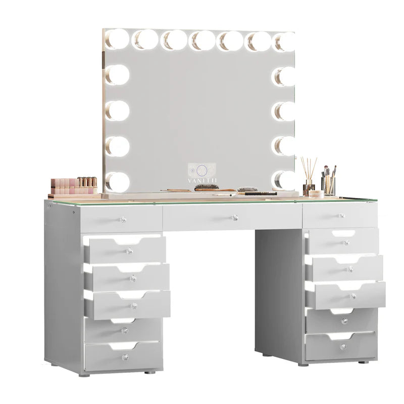 Eva Vanity Desk - 13 Storage Drawers with Full Light   VNT-EVA-C01-WHT