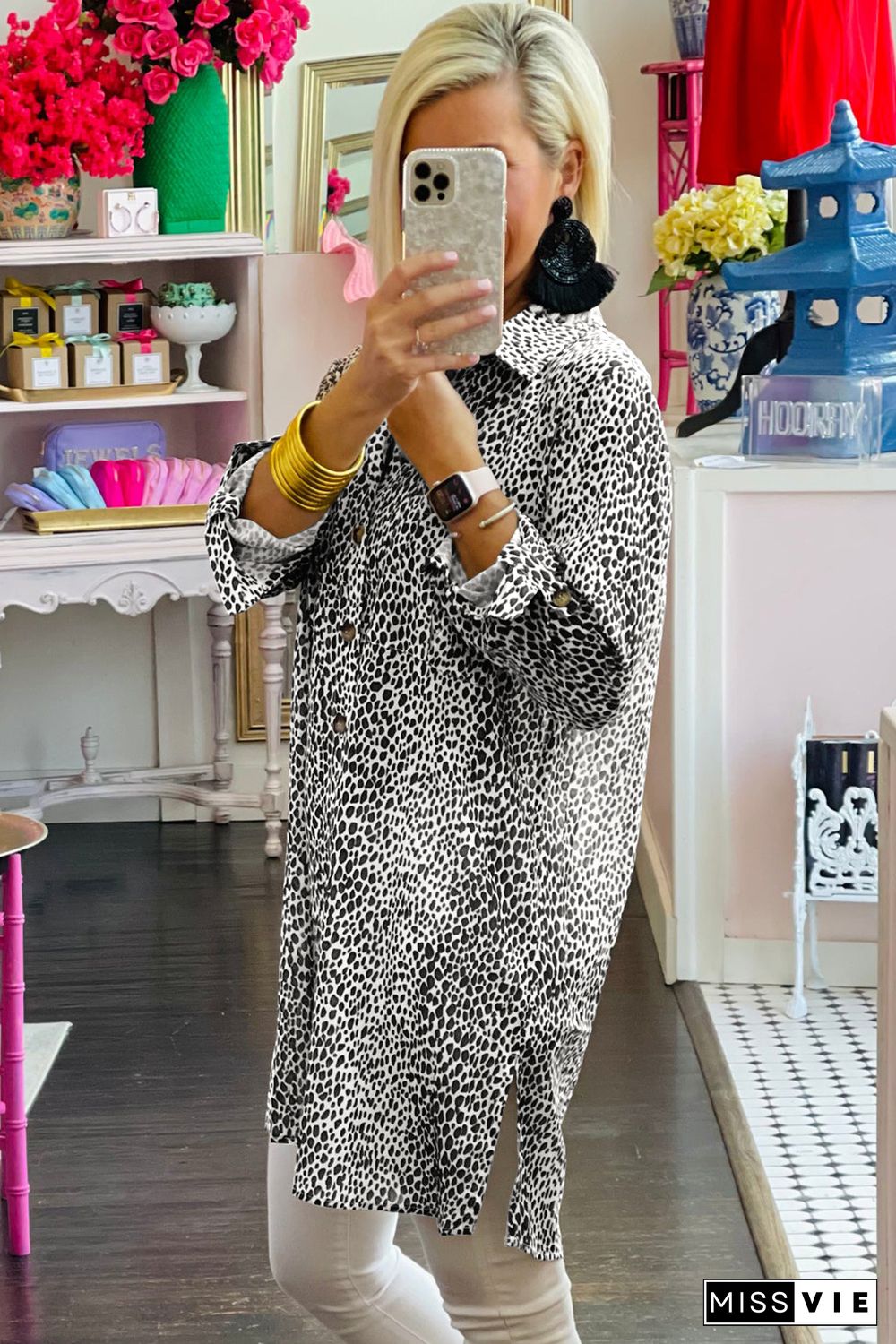 Long Sleeve Leopard Animal Print Shirt Dress