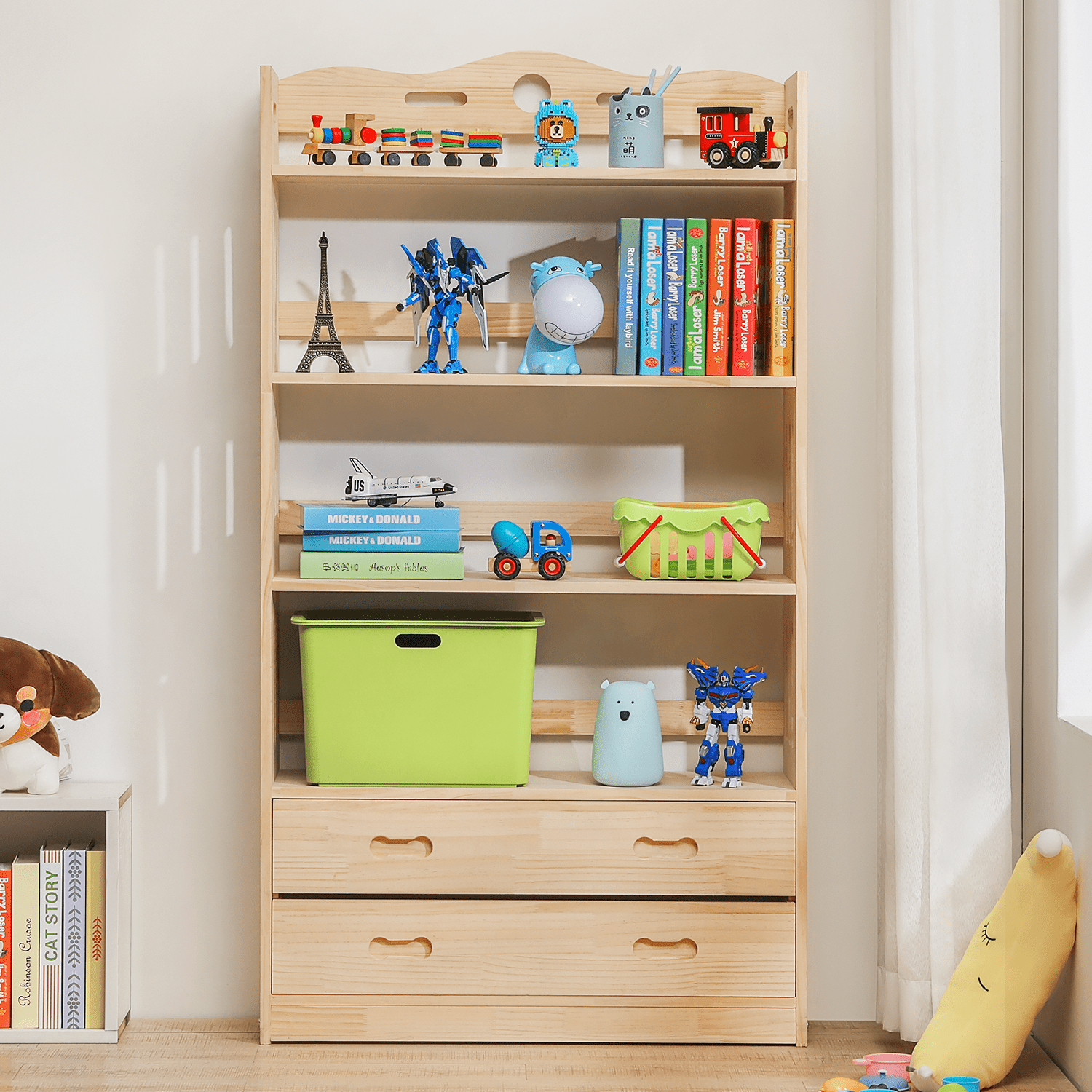 MoNiBloom Wood 5 Shelves 2 Drawers Bookshelf, Books Toys Organizer Bookcase, Natural, for Home