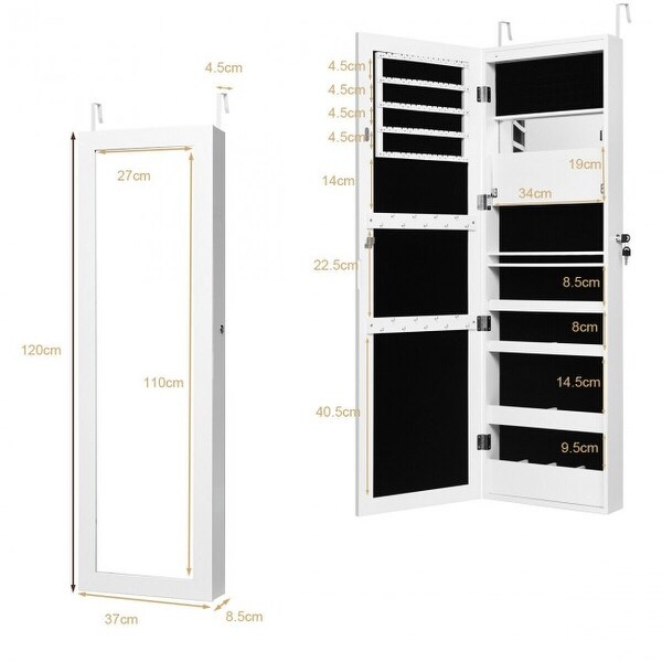 Lockable Wall Door Mounted Mirror Jewelry Cabinet with LED Lights - 14.5