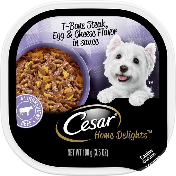 Cesar Home Delights T-Bone Steak， Egg and Cheese Flavor with Potatoes in Sauce Dog Food Trays