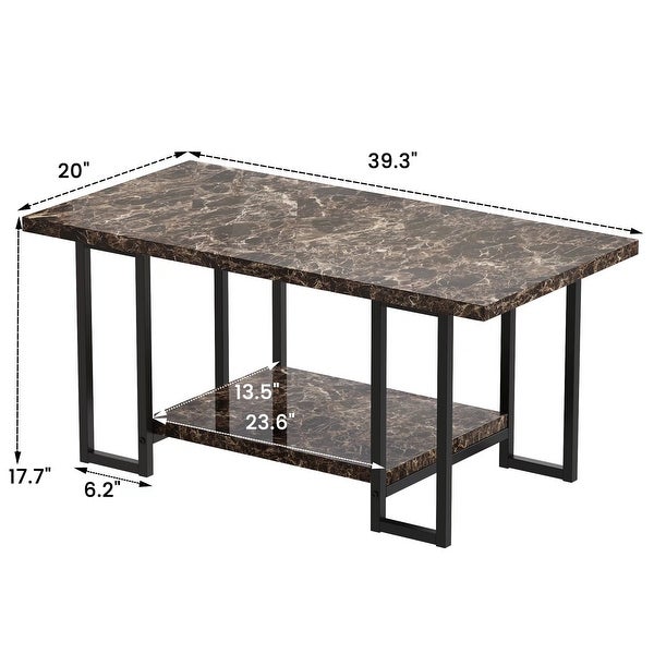 2 -Tier Rectangle Coffee Table， Black Base and Faux Marble Table top for Living Room， Double Metal Leg Design