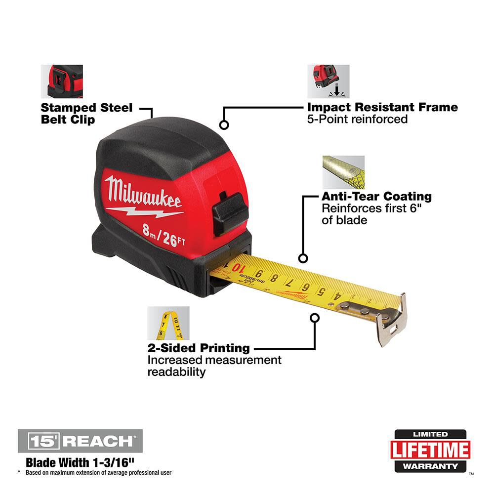 Milwaukee 8M/26Ft Compact Wide Blade Tape Measure 48-22-0426 from Milwaukee