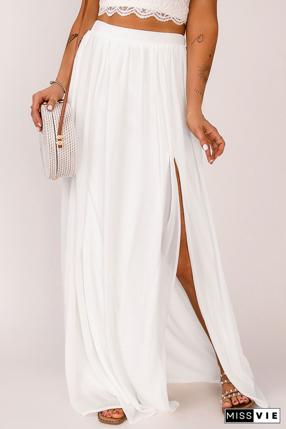 White High Waist Maxi Skirt with Split