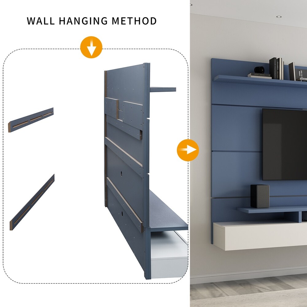 Wall Mounted Floating 80'' Relief TV Stand  Modern Entertainment Center with 2 Drop Down Doors and Multi Purpose Cabinet