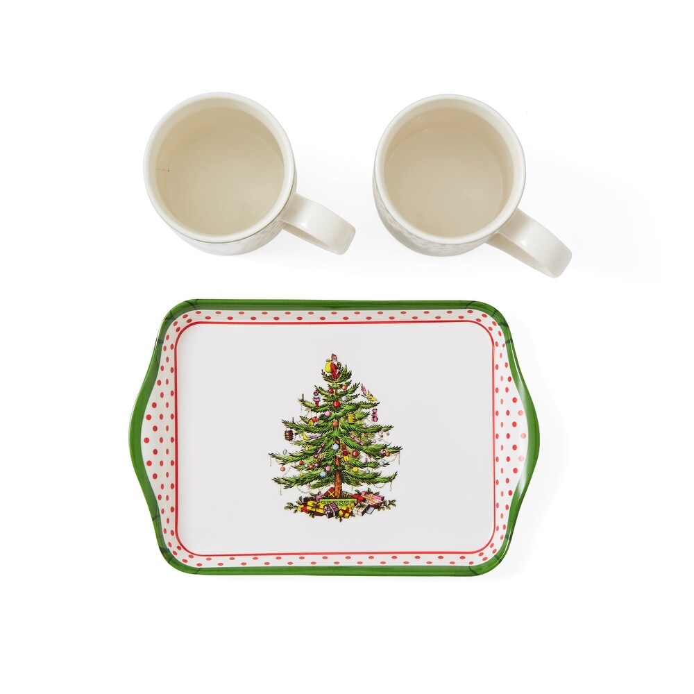 Pimpernel Christmas Tree Polka Dot Set of 2 Mugs and Tray