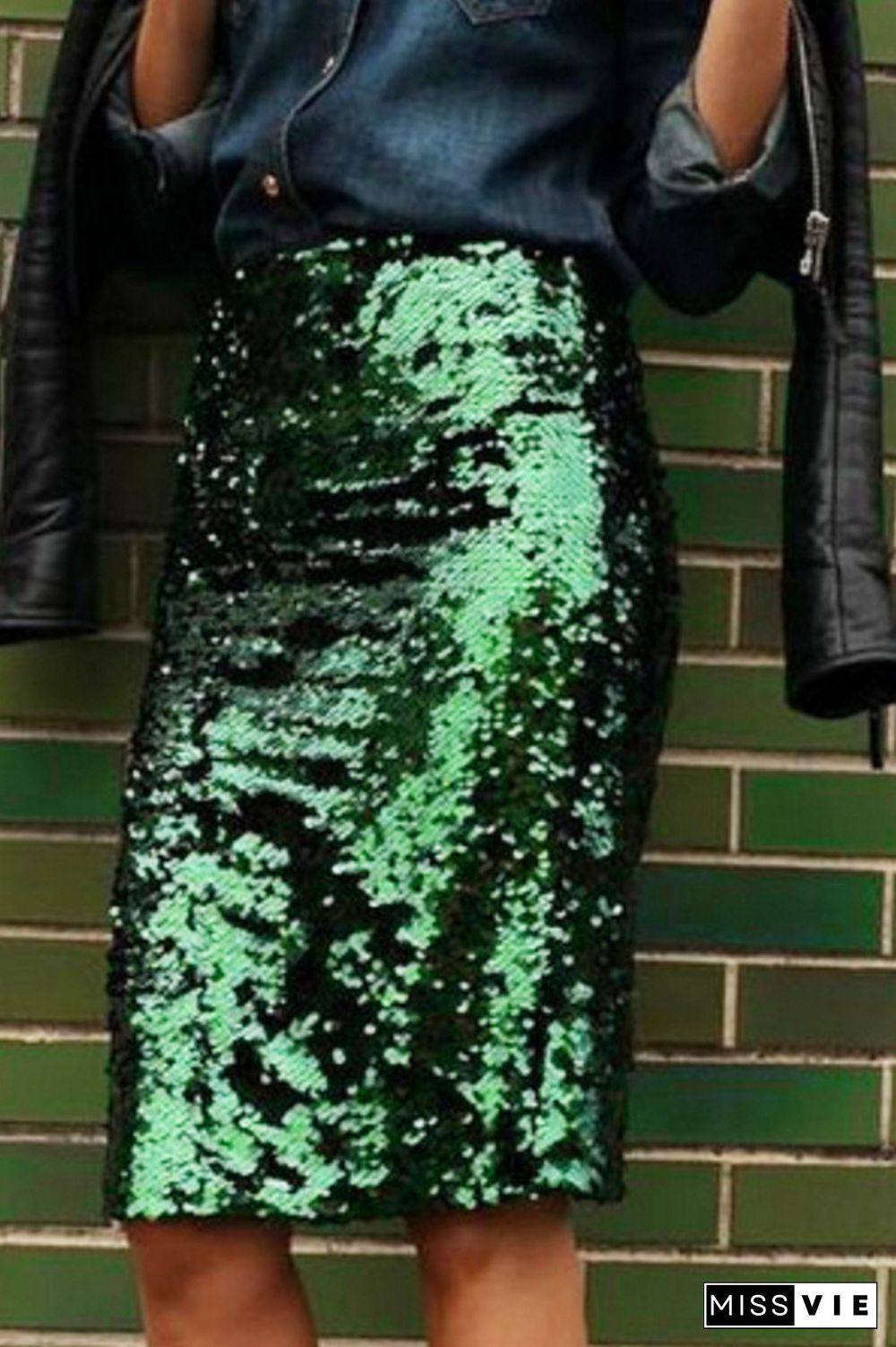 Green Sequin Half Length Skirt