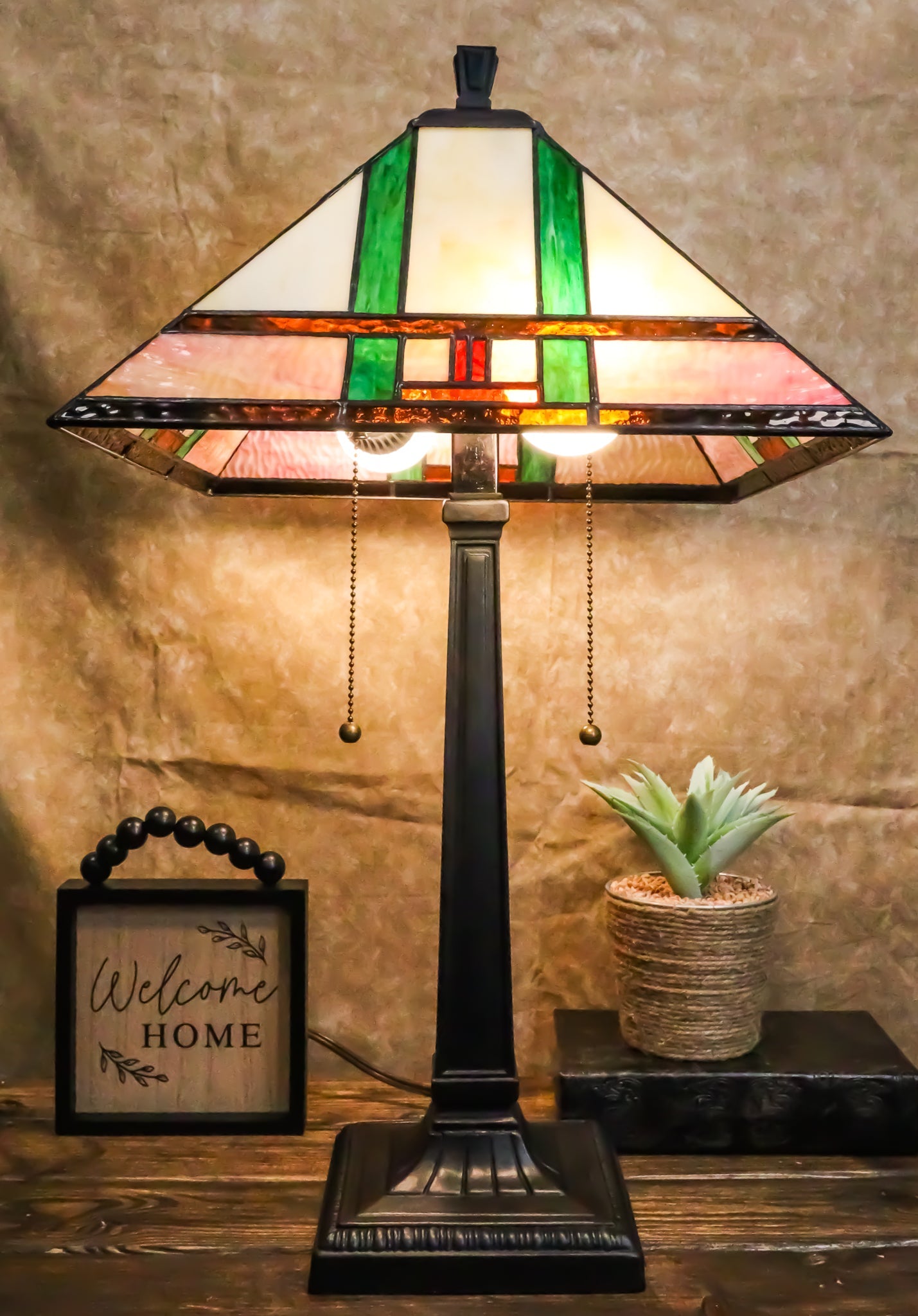 Frank Lloyd Wright Mission Style Geometry Pyramid Stained Glass Side Table Lamp