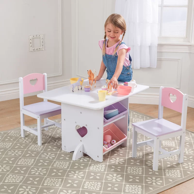 KidKraft Wooden Heart Table and Chair Set with 4 Storage Bins， Children's Furniture – Pink， Purple and White， Gift for Ages 3-8