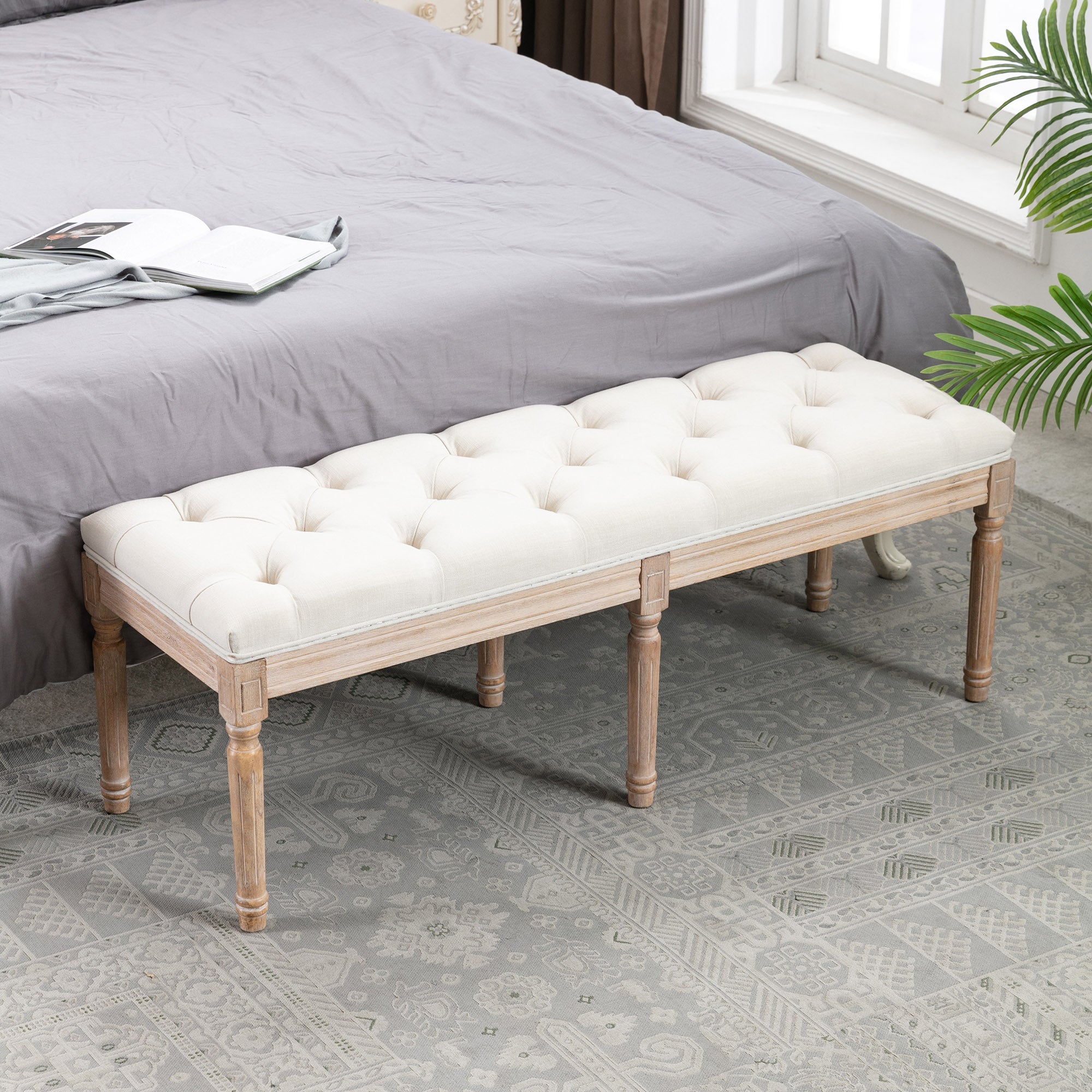 End of Bed Bench Upholstered Entryway Bench French Bench with Rubber wood Legs for Bedroom