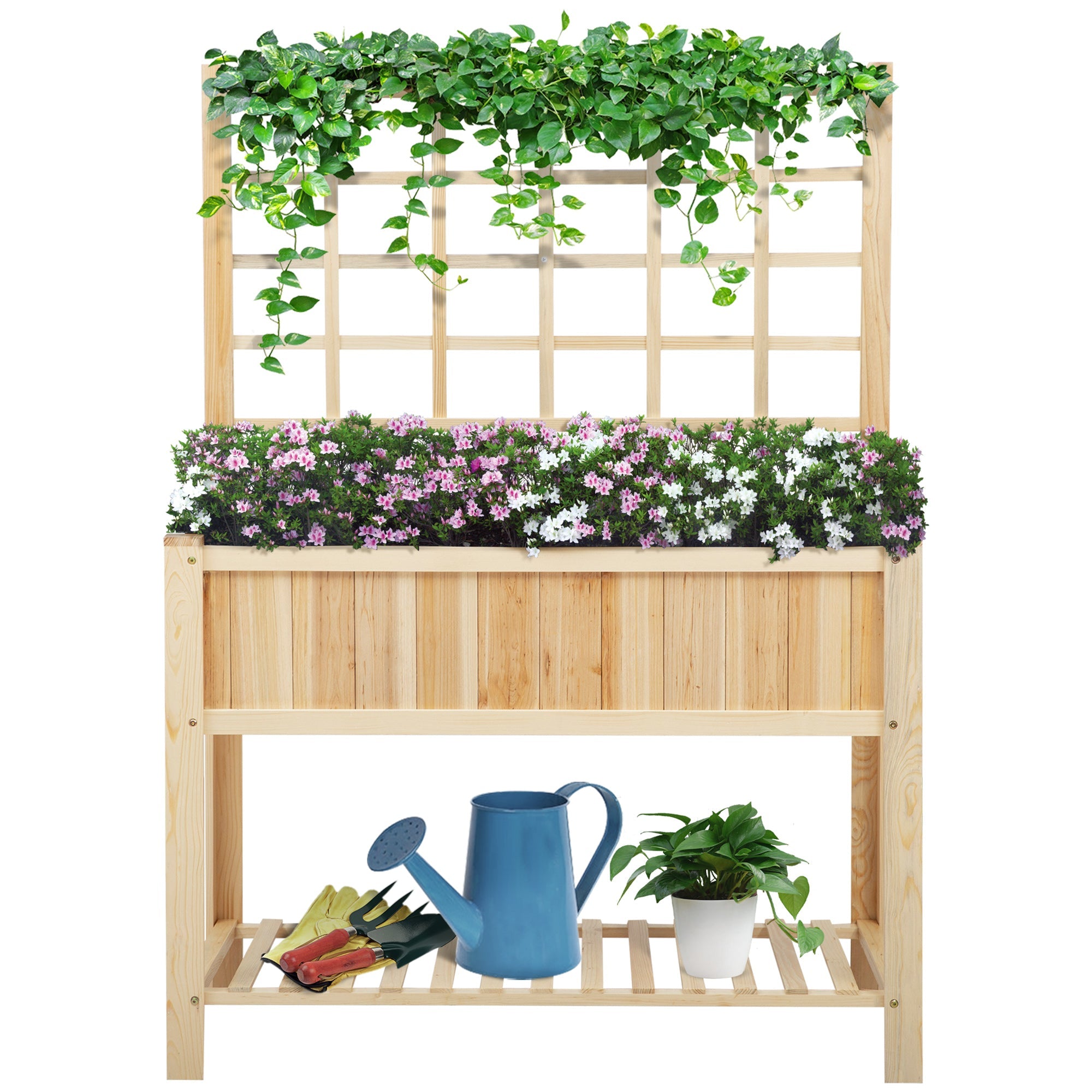 47in Wooden Raised Garden Bed with Trellis Coutryside Style Elevated Planter Box Stand with Open Storage Shelf Spacious Planting Area for Vegetables Herbs Flowers