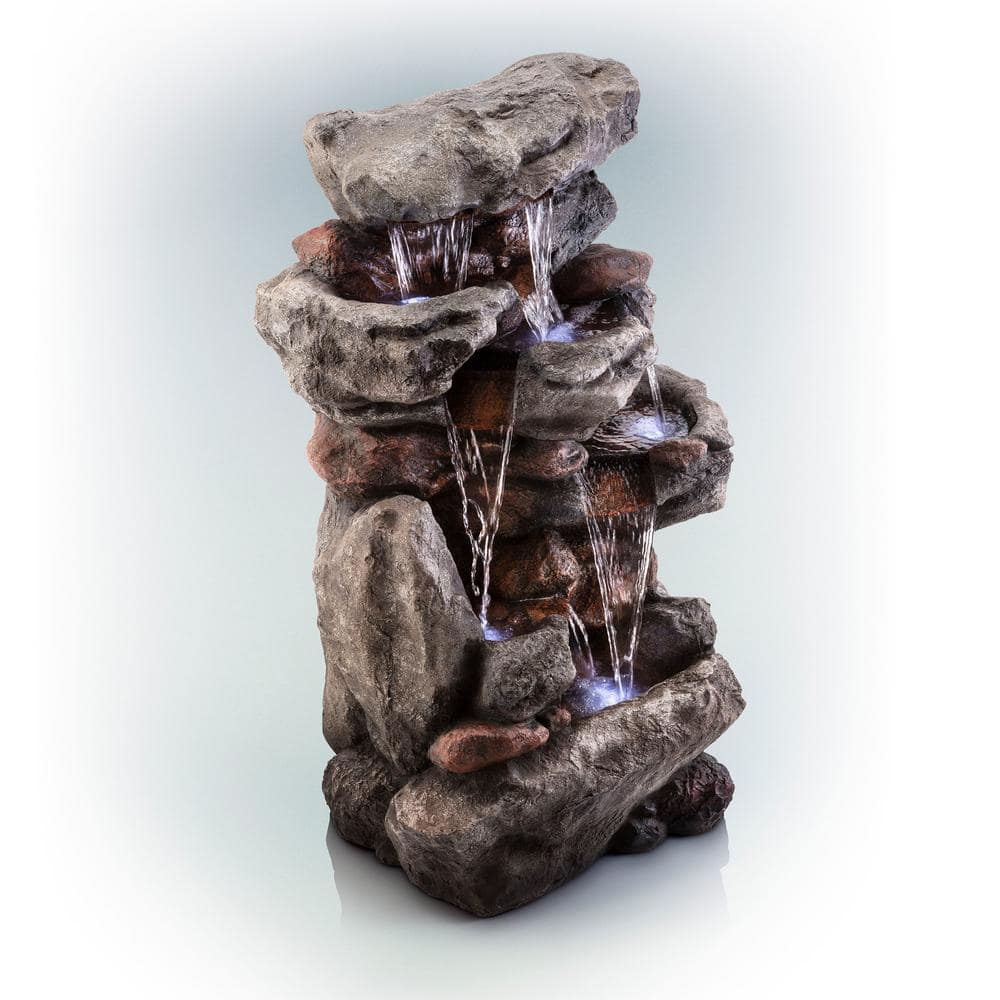 Alpine Corporation 52 in. Tall Outdoor 5-Tier Rainforest Rock Water Fountain with LED Lights WIN730