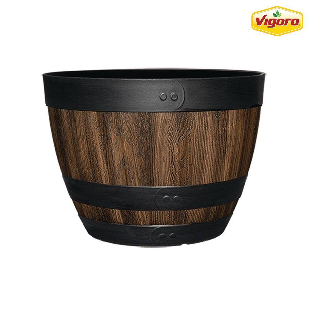 Vigoro 16 in. Reedley Large Kentucky Walnut Brown Resin Wine Barrel Planter (16 in. D x 11.5 in. H) HD1312-037