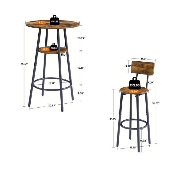 3PC Multifunctional Bar Set Double Layer Round Bar Table with 2 Bar Stools