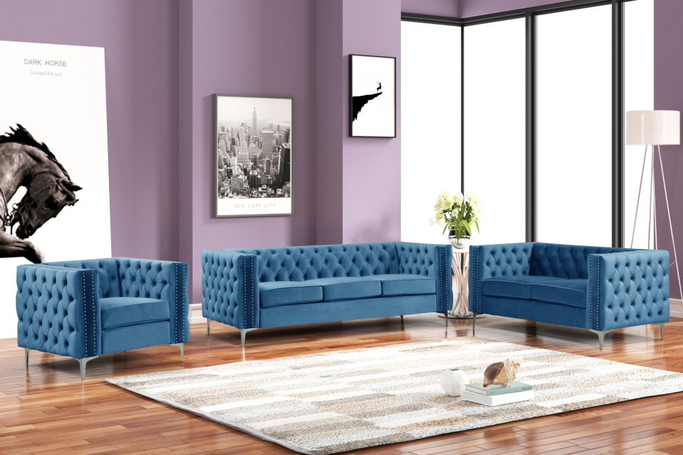 Rebekah 3 Piece Velvet Living Room Set  Gery   Midcentury   Living Room Furniture Sets   by US Furnishings Express  Houzz