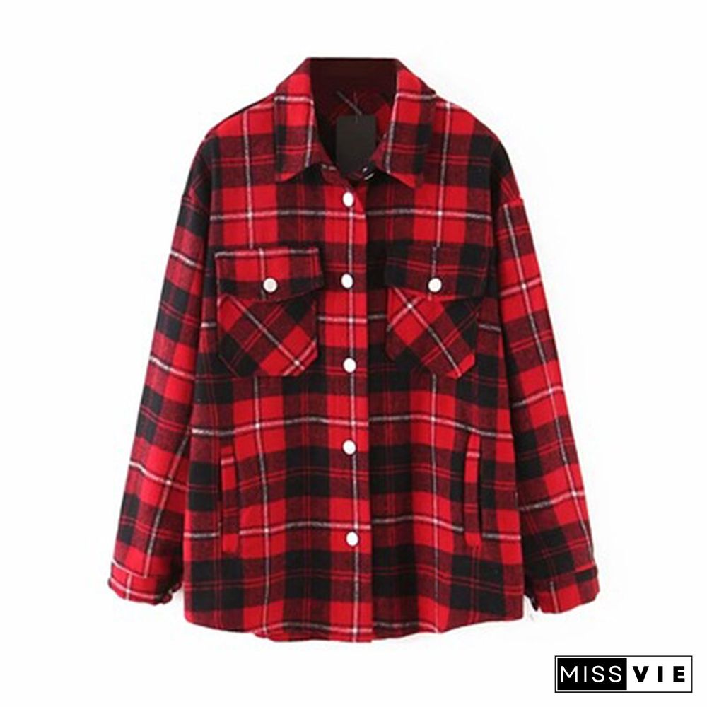 Womens Plaid Shirt Jacket Coat Ladies Pockets Thick Turn Down Collar Plus Size Female Outerwear