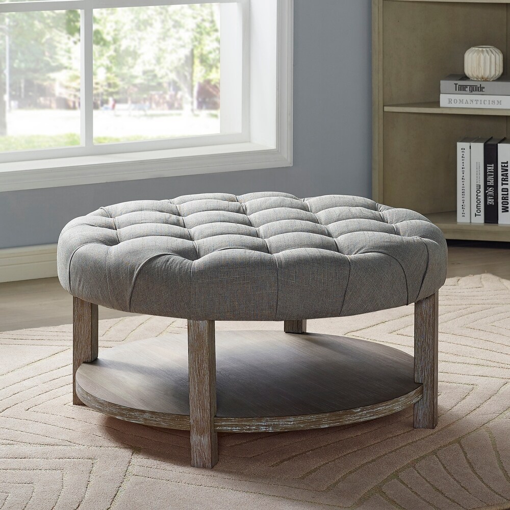 Harissa Farmhouse Round Fabric Storage Tufted Cocktail Ottoman by Furniture of America