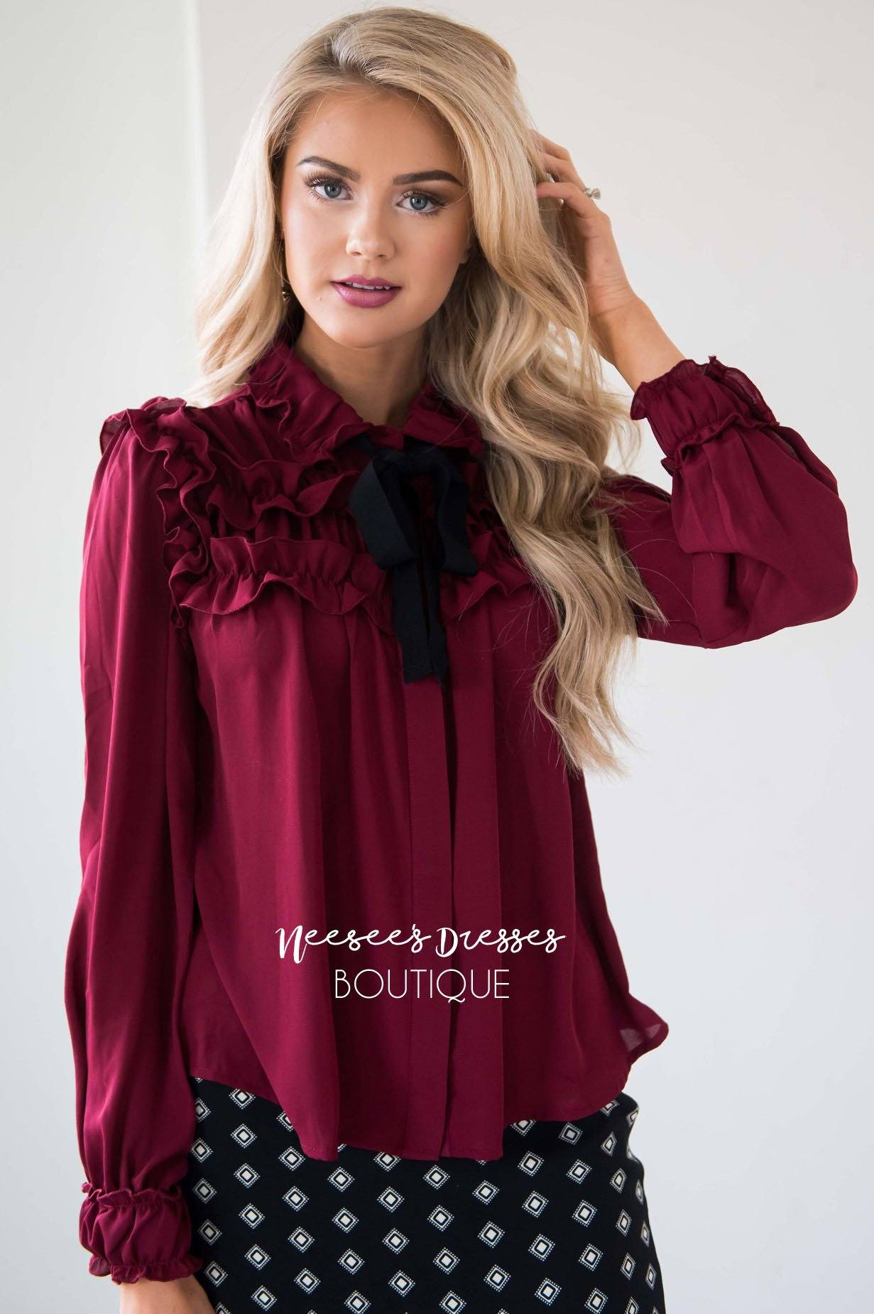 Button Down Ruffle Yoke Tie Detail Blouse