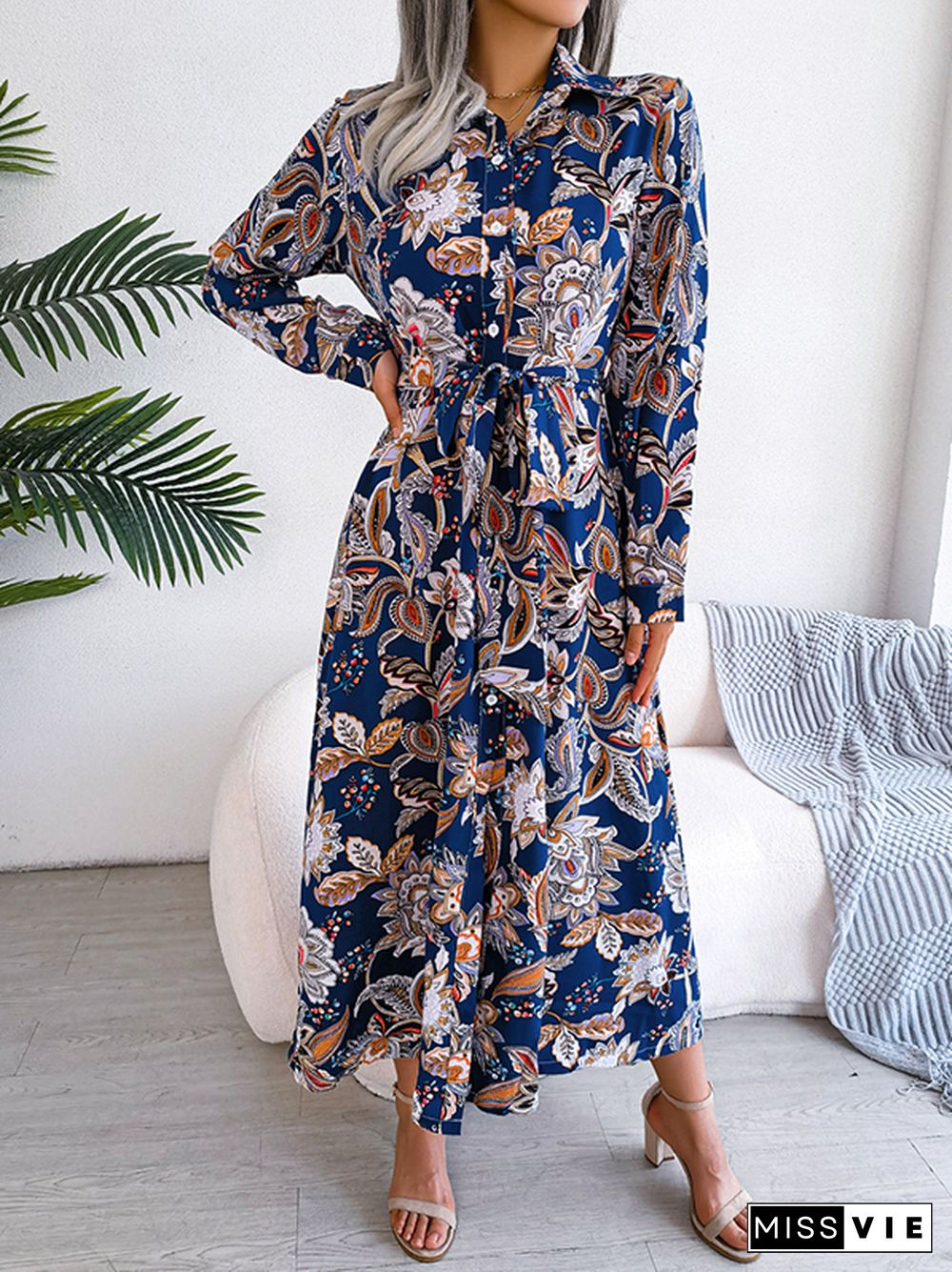 Long Sleeves Buttoned Flower Print Tied Waist Lapel Maxi Dresses