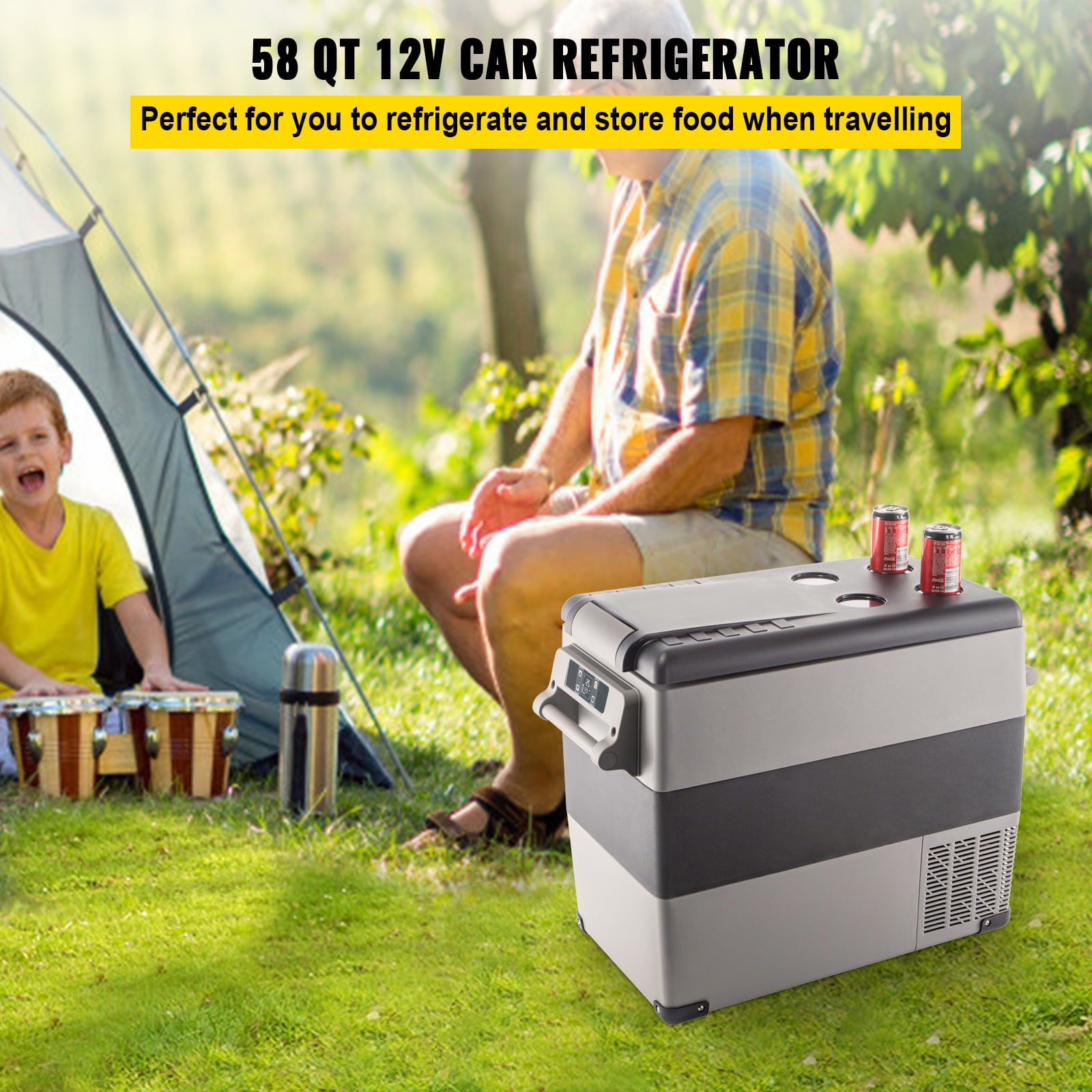 VEVORbrand 55L Portable Car Refrigerator 58 Quart Compact RV Fridge 12/24V DC & 110-240V AC Vehicle Car Truck Boat Mini Electric Cooler for Driving Travel Fishing Outdoor and Home Use -4°F-50°F