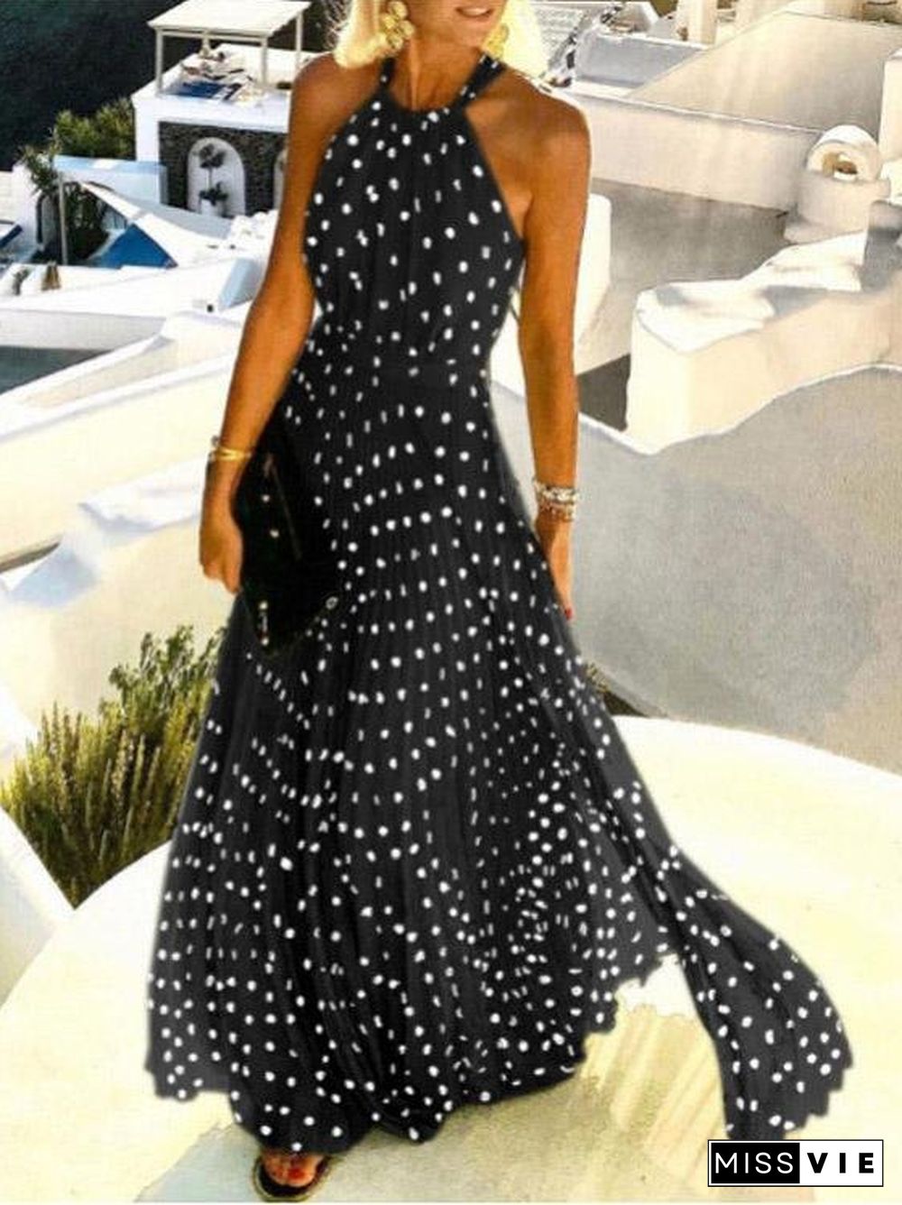 Round Neck Sleeveless Polka Dot Print Dress