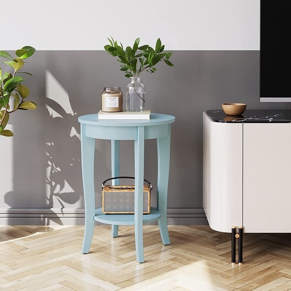 End Table Living Room Small Side Table with 2-Tier Storage Shelves，Round Bedside Tables