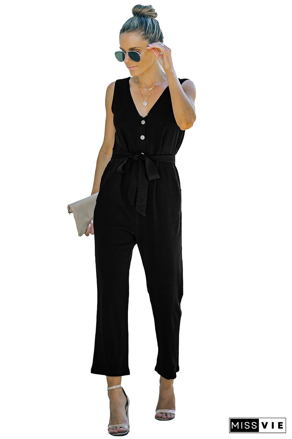 Black V Neck Button Belted Jumpsuit with Pockets