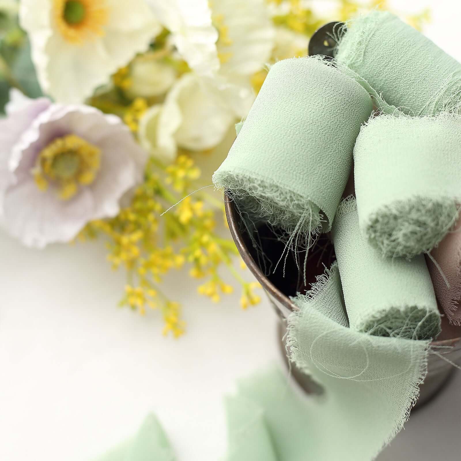 2 Pack Sage Green Silk-Like Chiffon Ribbon Roll, DIY Wedding Bouquet Linen Wrap 6yds