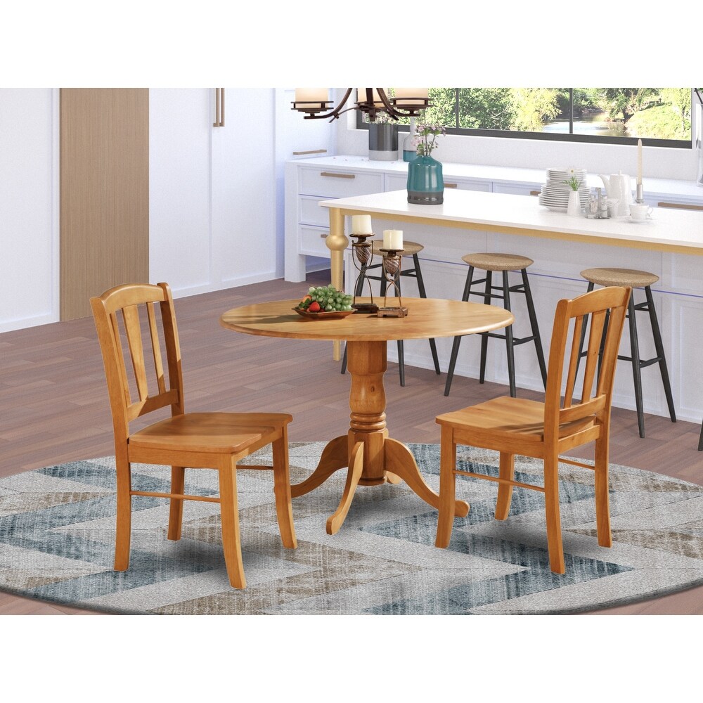 East West Furniture 3 Piece Dining Table Set Contains a Round Dining Room Table with Dropleaf and 2 Wood Seat Chairs  Oak