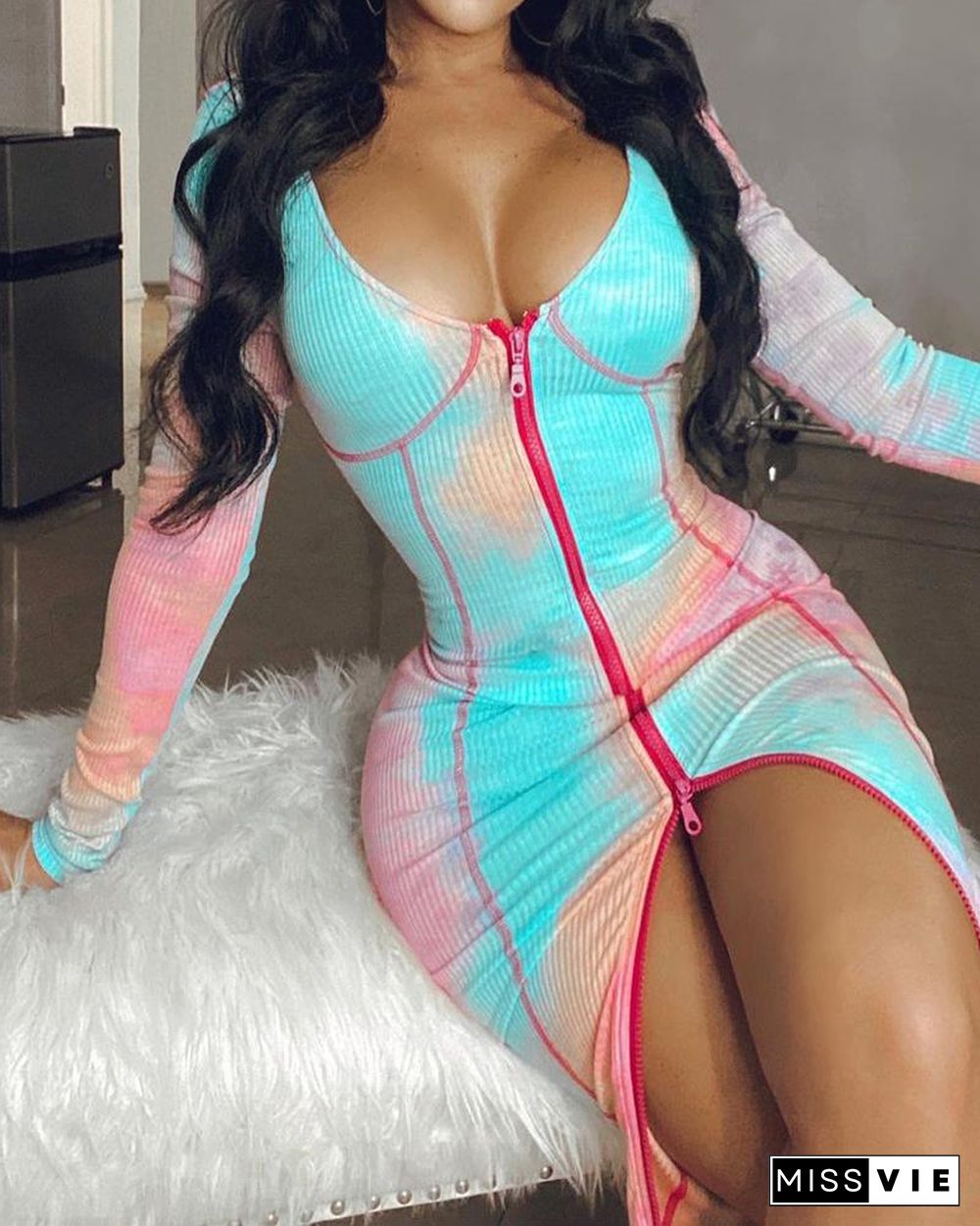 Tie Dye Zipper Front Ribbed Bodycon Dress