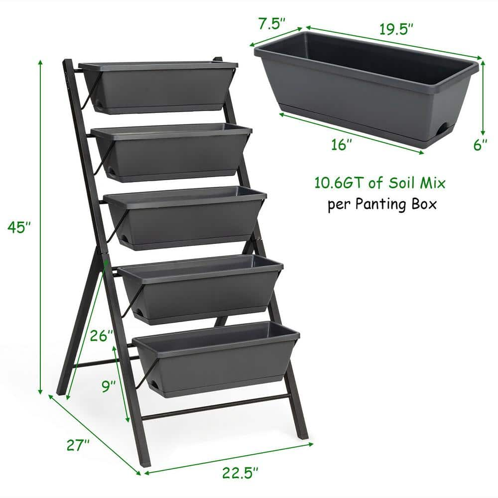 Costway 22.5 in. L x 27 in. W x 45 in. H Black Plastic Vertical Raised Bed 5-Tier GHM0188