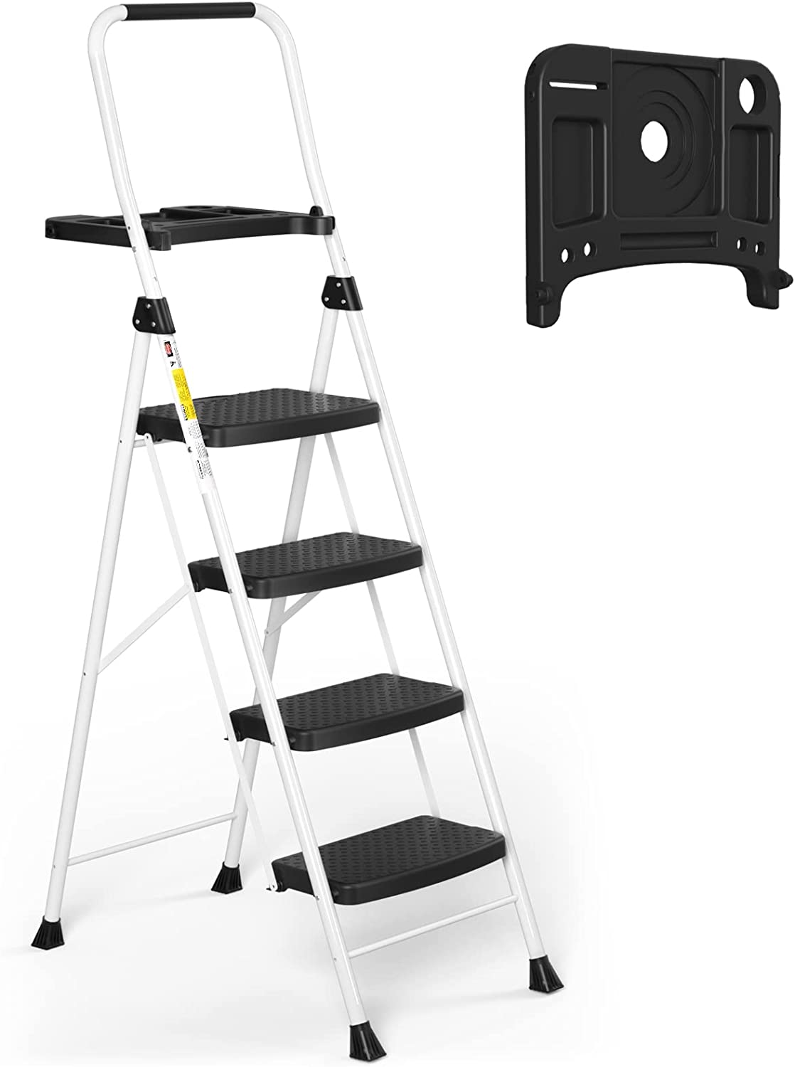 4 Step Ladder, HBTower Folding Step Stool with Tool Platform, Wide Anti-Slip Pedal, Sturdy Steel Ladder, Convenient Handgrip, Lightweight 330lbs Portable Steel Step Stool, Black