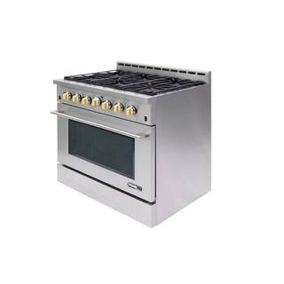 NXR Entree Bundle 36 in. 5.5 cu. ft. Pro-Style Liquid Propane Gas Range Convection Oven and Hood in Stainless Steel and Gold NK3611LPEHBD-G