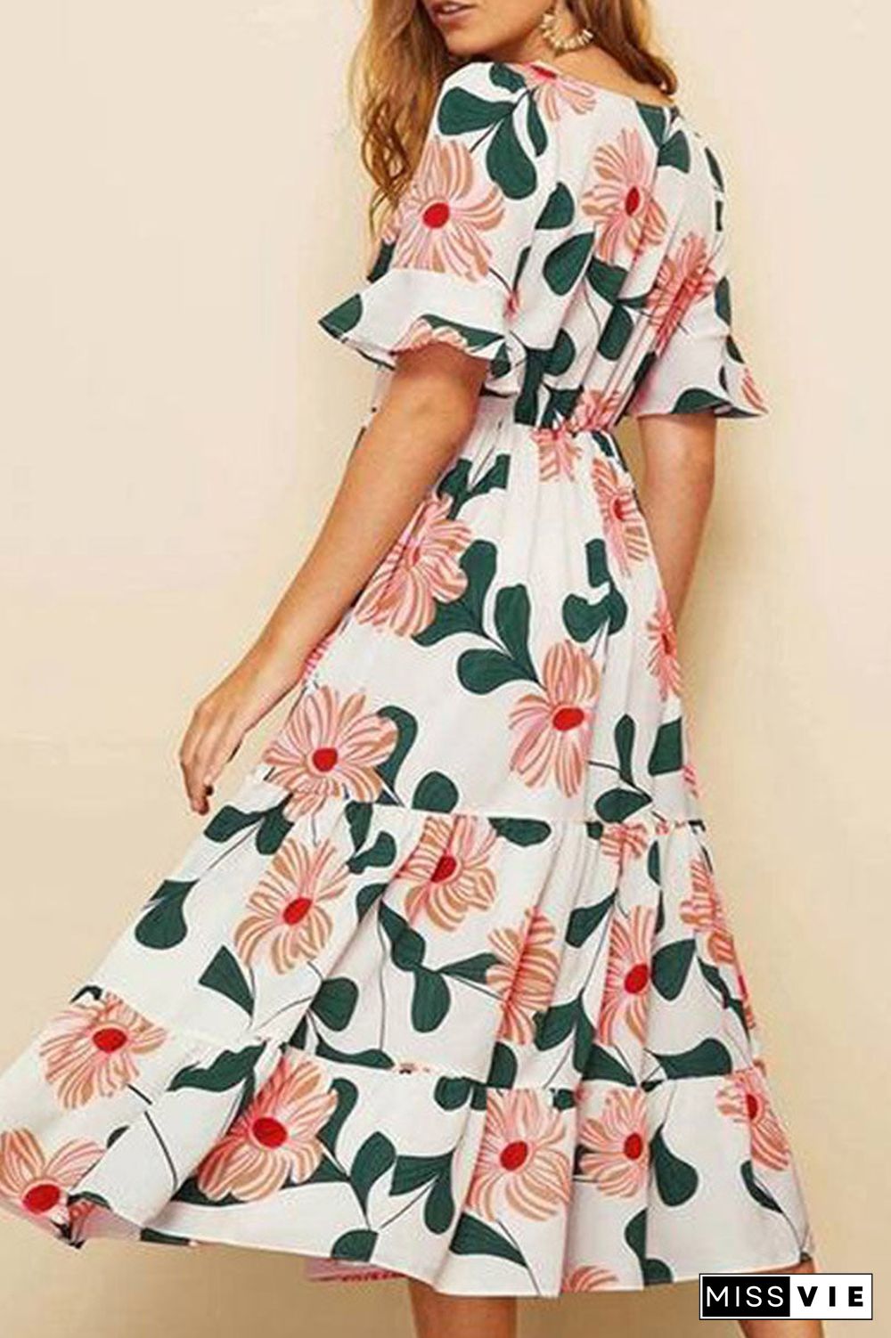 Fashion Street Print Split Joint V Neck A Line Dresses