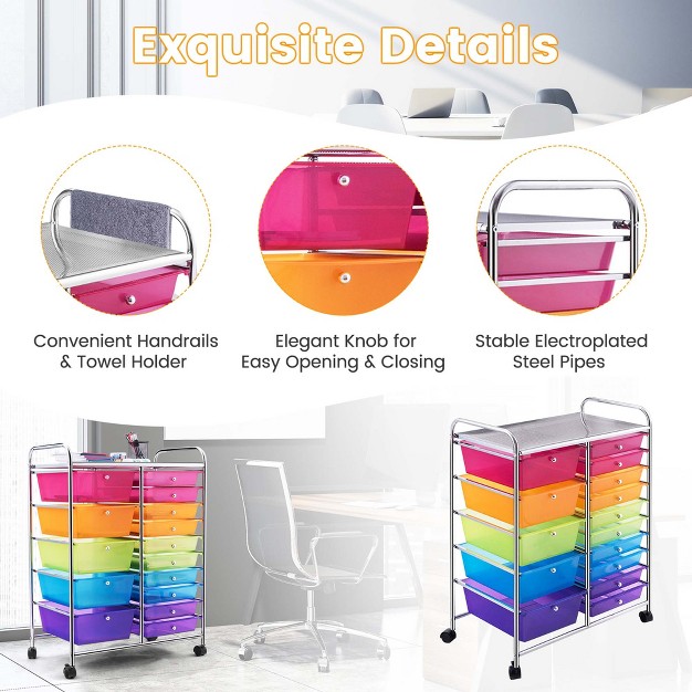 Costway 15 Drawer Rolling Storage Cart Tools Scrapbook Paper Office School Organizer Colorful