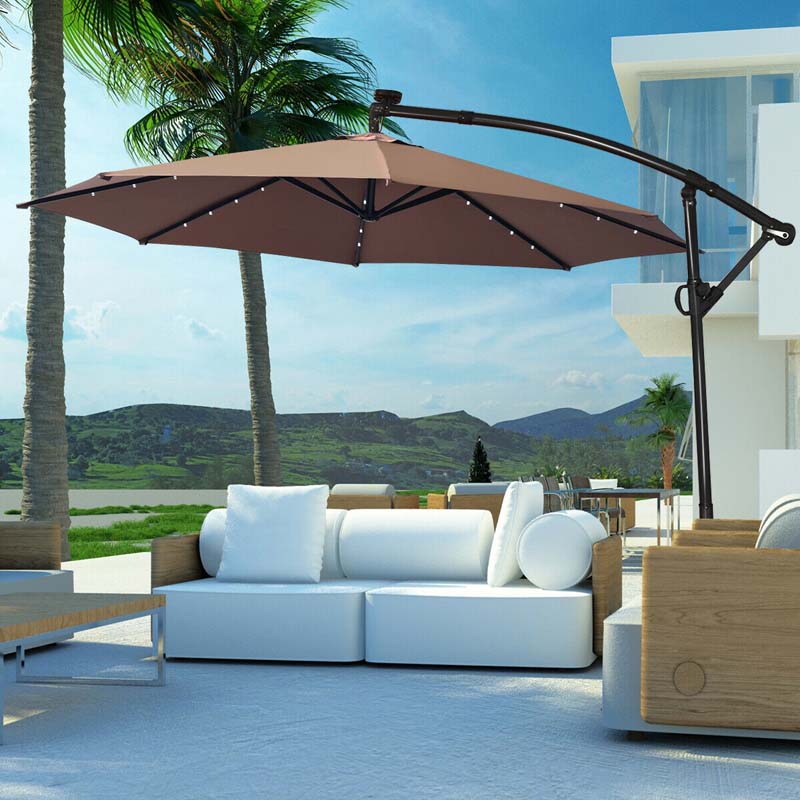 10 FT Patio Offset Umbrella with Solar Lights 360° Rotation Outdoor Market Umbrella with Crank Handle & Cross Base