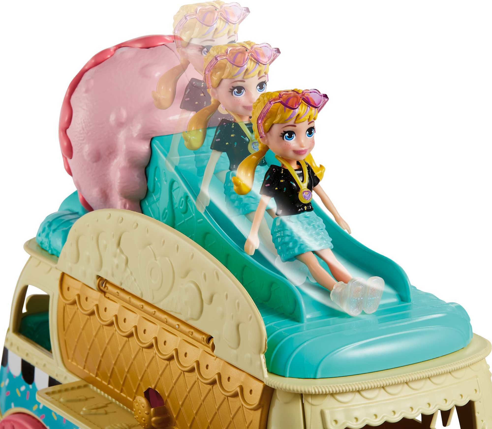Polly Pocket Tiny Treats Ice Cream Playset, Vehicle Toy with 2 (3-inch) Dolls and 18+ Accessories