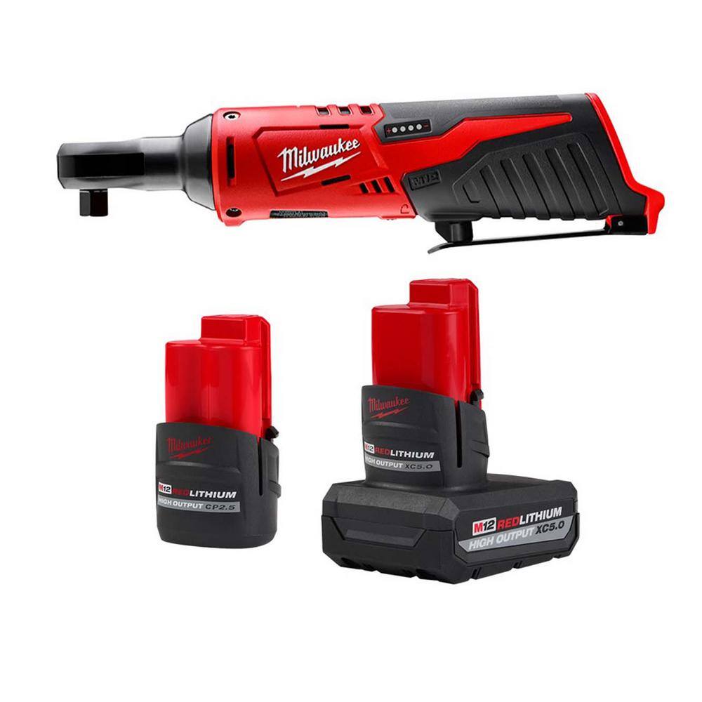 MW M12 12-Volt Lithium-Ion XC High Output 5.0 Ah Battery Pack WHigh Output 2.5 Ah Battery Pack + 38 in. Ratchet 48-11-2452S-2457-20