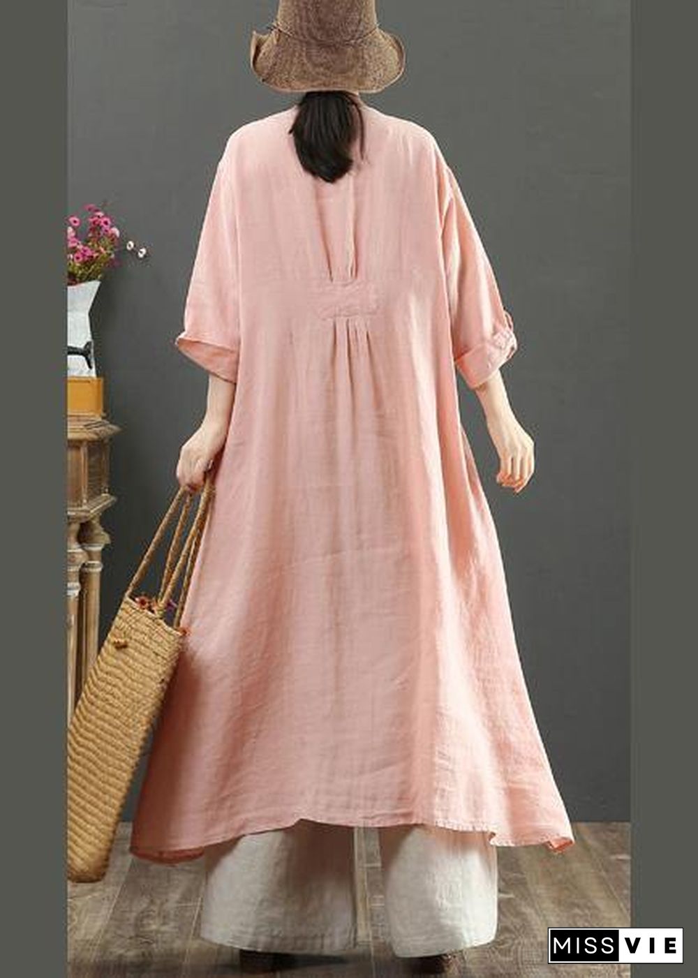 Handmade Pink Tunic Top O Neck Patchwork Maxi Spring Dresses