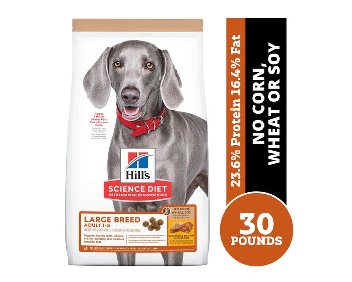 Hills® Science Diet® Adult Large Breed No Corn， Wheat or Soy Chicken  Brown Rice Recipe Dry Dog Food， 30 lb. Bag